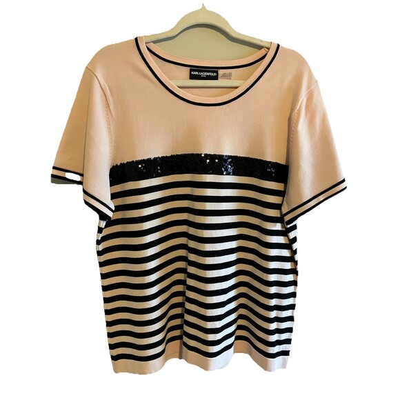 KARL LAGERFELD Black & Pale Pink Blush Striped Stretch Knit Top Sequins XL - Picture 1 of 6